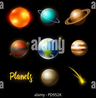 Planètes du système solaire. Galaxie astronomique. cosmonaut explorer l'aventure. Space Mars et soleil, la terre et Vénus. bandeau ou d'arrière-plan d'un site web. Illustration de Vecteur