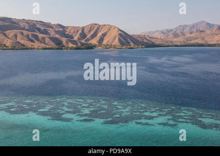 Les récifs coralliens frangeants entourant les nombreuses îles situées dans le Parc National de Komodo, en Indonésie. Banque D'Images