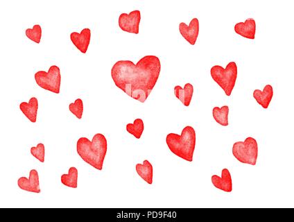 Une douzaine de coeurs aquarelle numérique simple en couleur rouge isolé sur fond blanc Banque D'Images