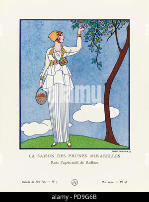 La saison des prunes Mirabelles. La mirabelle saison. Robe d'après-midi de Redfern. Robe d'après-midi par Redfern. Art-deco fashion illustration par l'artiste français George Barbier, 1882-1932. L'œuvre a été créée pour la Gazette du Bon Ton, un magazine de mode parisien publiés entre 1912-1915 et 1919-1925. Banque D'Images