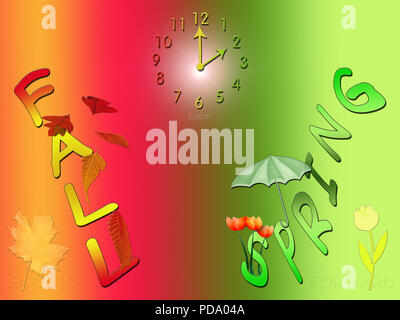 Un artwork illustrant ce que beaucoup d'entre nous connaissent, et ont à traiter, chaque automne et printemps : (DST) de l'heure d'été. Banque D'Images