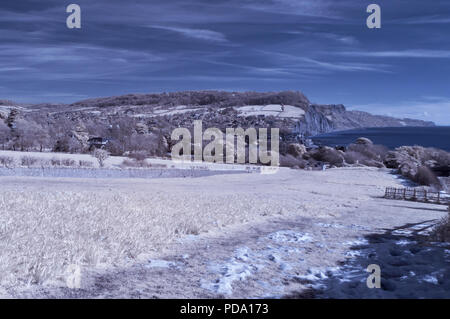 Vue panoramique infrarouge le long de la côte jurassique de la baie de Lyme à vers l'Est de Sidmouth, Devon, England, UK le long d'une fin de l'hiver/début du printemps 24. Banque D'Images