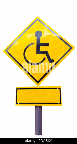 Place de parking pour handicapés seul signe avec copie espace sous isolé sur fond blanc. Handicap signe sur fond jaune. Banque D'Images