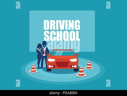 Auto-école. Étudiants et les instructeurs de formation et une voiture. Vector illustration dans le style cartoon Illustration de Vecteur