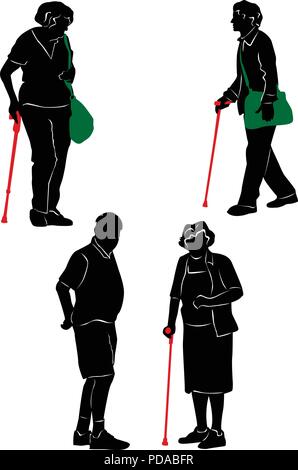 Silhouettes des personnes âgées de marcher et se reposer. Illustration de Vecteur