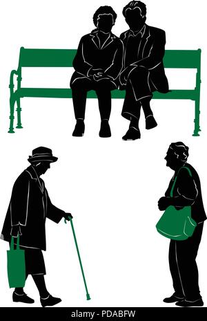 Silhouettes des personnes âgées de marcher et se reposer. Illustration de Vecteur