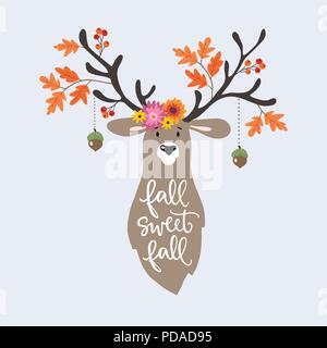 Message d'automne, une carte d'invitation. Hand drawn illustration de deer décorée par des feuilles de chêne, fleurs, des glands et des baies. Lettres main Automne Automne doux texte calligraphie.Vector background. Illustration de Vecteur