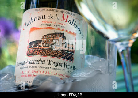 Château de la Maltroye Chassagne-Montrachet 1er cru Bourgogne blanc bouteille de vin dans un seau à glace sur la terrasse ensoleillée avec table en verre de vin France Banque D'Images