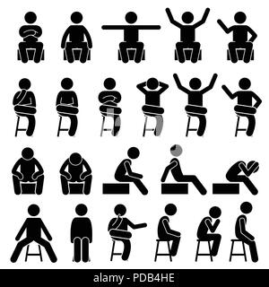 Assis sur une chaise pose des postures homme gens Stick Figure Stickman Icônes pictogramme Illustration de Vecteur