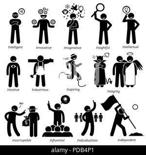 Personnalités positives Traits de caractère. Figures bâton homme d'icônes. En commençant par l'Alphabet I. Illustration de Vecteur