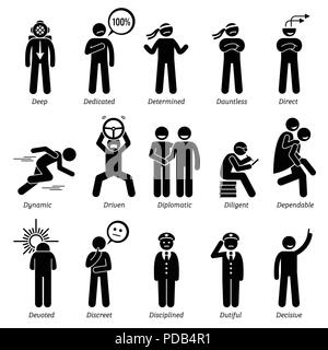 Personnalités positives Traits de caractère. Figures bâton homme d'icônes. En commençant par l'Alphabet D. Illustration de Vecteur