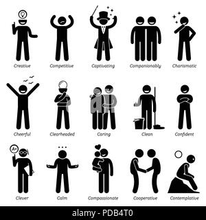 Personnalités positives Traits de caractère. Figures bâton homme d'icônes. En commençant par l'Alphabet ch. Illustration de Vecteur