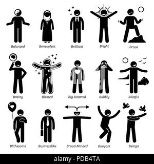 Personnalités positives Traits de caractère. Figures bâton homme d'icônes. En commençant par l'Alphabet B. Illustration de Vecteur