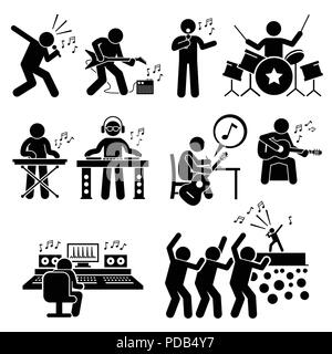 Musicien de Rock Star artiste de musique avec des instruments de musique Stick Figure Icônes pictogramme Illustration de Vecteur