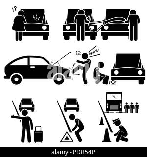 La fixation d'une panne de voiture en panne au bord de la réparation Stick Figure Icônes pictogramme Illustration de Vecteur