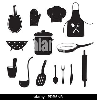 Définir. Silhouette de plats. Articles pour la cuisine. Isolé, blanc. Vecteur Illustration de Vecteur