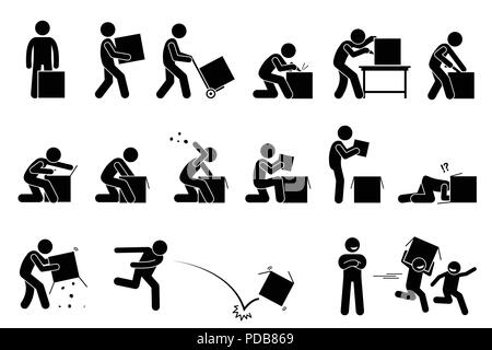 L'ouverture de l'homme et l'unboxing une boîte. Stick figure pictogramme représente un homme transportant, découpage, ouverture, contrôle, et jeter la boîte. Illustration de Vecteur