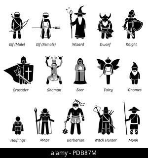 Ancien château médiéval fantasy classes de caractères et de guerriers icon set. Illustration de Vecteur