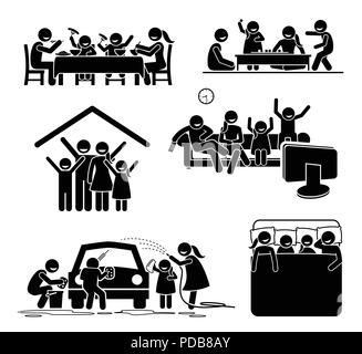 Les activités familiales de temps à la maison. Stick figures dépeignent pictogramme family having meal, jouer à des jeux, regarder la télévision et lave-auto. Illustration de Vecteur