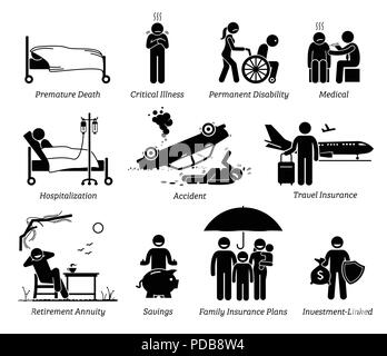 Protection d'assurance-vie. Stick figures illustrent la protection d'assurance-vie au décès prématuré, de maladie grave, une invalidité permanente, medical. Illustration de Vecteur