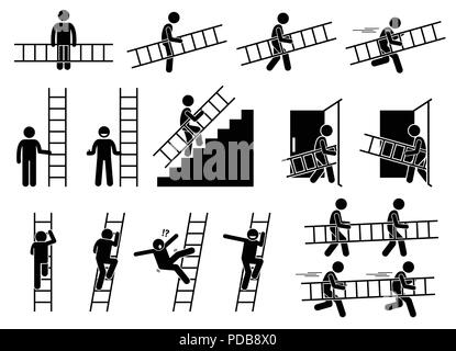 Homme avec une échelle. Les pictogrammes montrant un homme tenant et transportant une échelle tandis que la marche et la course. Illustration de Vecteur