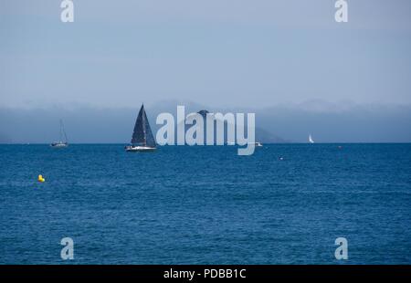 Yacht de plaisance naviguant sur une mer bleue par Thatcher Rock, obscurci par l'advection Brouillard marin. French Riviera, Torquay. Juin, 2018. Banque D'Images