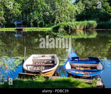 Allemagne, Hamburg an der Peene, pacifiques, scène de rivière, les maisons en rangée,bateaux,tranquille eau roseaux, nénuphars et arbres dans la réserve naturelle. Banque D'Images