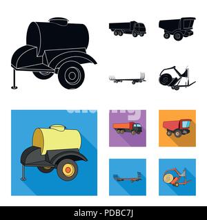 Remorque avec un baril, camion et d'autres appareils agricoles. Jeu de machines agricoles icônes collection en noir, style plat symbole vecteur stock illu Illustration de Vecteur