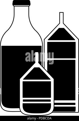 Bouteille de lait et des boîtes en noir et blanc Illustration de Vecteur