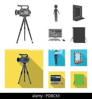 Une caméra, un costume pour les effets spéciaux et d'autres équipements. Faire des films ensemble collection icônes de style noir, symbole vecteur télévision stock illustrati Illustration de Vecteur