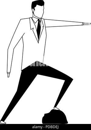 Businessman with feet on rock pinting avec la main en noir et blanc Illustration de Vecteur