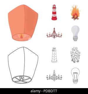 Une lanterne, un phare, un feu, un lustre avec des bougies.Light source collection set icônes de cartoon style du contour symbole,stock vector illust Illustration de Vecteur