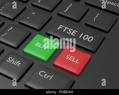 Gros plan de rendu 3D du clavier de l'ordinateur avec le bouton indice FTSE 100. Concept Les indices boursiers. Banque D'Images