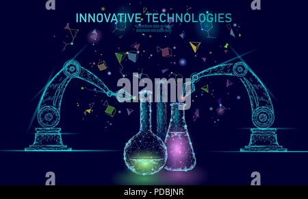 Poly faible synthèse chimique science concept. Chimie laboratoire polygone réacteur de production de matériel. L'innovation produit de la technologie moderne composé d'illustration vectorielle ia robotique de laboratoire Illustration de Vecteur