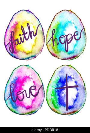 Illustration à l'aquarelle de 4 oeufs de Pâques, des arcs-en-ciel de couleur, avec mention manuscrite :'foi' 'love' 'Hope', et croix. Multicolore, arc-en-ciel lumineux, couleur Banque D'Images