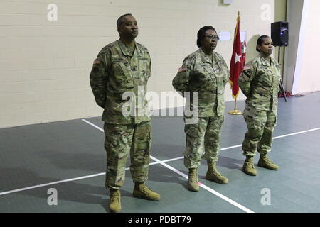 Le lieutenant-colonel Mike Navarro, commandant sortant, Brigue. Le général Deborah Howell, l'adjudant général, le Major Nina Clarke-Brewley commandant entrant lors d'une cérémonie de passation de commandement tenue au lieutenant-Colonel Lionel A. Jackson Armory, le 4 août. La cérémonie de passation de commandement est une manifestation traditionnelle qui est riche de symbolisme et de patrimoine canadien. Il symbolise l'échange ou en passant une commande sur d'une personne à l'autre. Banque D'Images