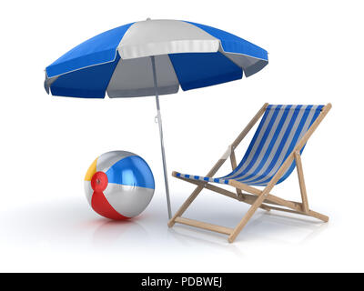 Ballon de plage , Président et parapluie , c'est un rendu 3d'image de synthèse. Isolé sur blanc. Banque D'Images