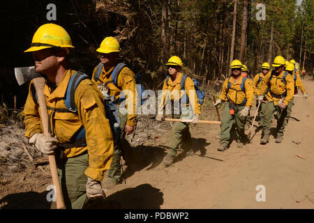 Sheep Creek Fire (2018) est un feu de forêt survenu dans le comté de Stevens, dans l'État de Washington, près de Northport, au sud de la frontière canadienne, en août 2018. L'image d'archive documente le personnel de la Garde nationale aérienne de Washington engagé dans des opérations de lutte contre les incendies au sol lors de l'incident. Banque D'Images
