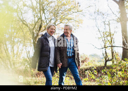 Senior couple holding hands, walking in sunny autumn park Banque D'Images