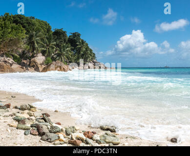 Une plage tropicale dans le nord de La Digue, Seychelles Banque D'Images