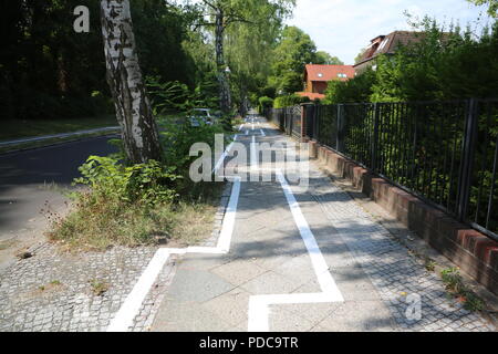 Berlin, Allemagne. Le 08 août, 2018. Une piste cyclable suit un cours en zigzag à travers le district de Zehlendorf. Les lignes sont d'après les arbres sur le côté de la route. Credit : Nico Tapia/dpa/Alamy Live News Banque D'Images