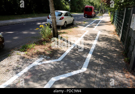 Berlin, Allemagne. Le 08 août, 2018. Une piste cyclable suit un cours en zigzag à travers le district de Zehlendorf. Les lignes sont d'après les arbres sur le côté de la route. Credit : Nico Tapia/dpa/Alamy Live News Banque D'Images