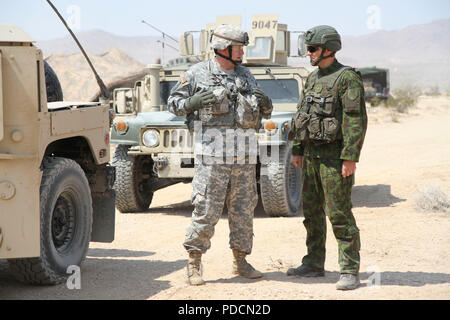 Le lieutenant-colonel Louis Gansell, chef des opérations d'information, 28e Division d'infanterie, New Jersey Army National Guard, converse avec le Major Aurelijus Neifaltas, un chef de bataillon d'état-major de la Brigade du Loup de fer lituaniens, les Forces terrestres, le 5 août au Centre National d'entraînement, Fort Irwin, ca. Le Pennsylvania Garde nationale et l'armée lituanienne a récemment célébré 25 ans de partenariat réussi. (US Army National Guard photo de la CPS. Jake Hoffman) Banque D'Images