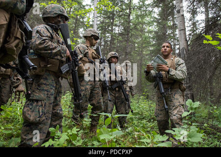 Le sergent du Corps des Marines des États-Unis. James Ellis, à droite, le 3e chef d'équipe représentant 3e Bataillon, 23e Régiment de Marines, va sur le plan de mission avec ses marins bien que concurrentes dans la 4e Division de marines Super Squad compétition à Joint Base Elmendorf-Richardson, Alaska, le 4 août 2018. Au cours de la compétition, d'escouades de 1er et 3e bataillons, 23e Régiment de Marines et 1er Bataillon, 24e Régiment de Marines, exercé leurs compétences techniques et tactiques en participant à des événements qui a mis en évidence des opérations défensives, offensives/techniques de patrouille, combattre l'adresse au tir, l'endurance physique et SMA Banque D'Images