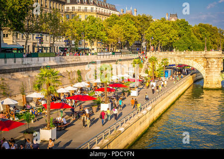 Le Parc rives de Seine est un lieu de prédilection pour les touristes et les habitants de la région pour se promener sur la Seine en fin d'après-midi en été pendant les plages de Paris. Banque D'Images