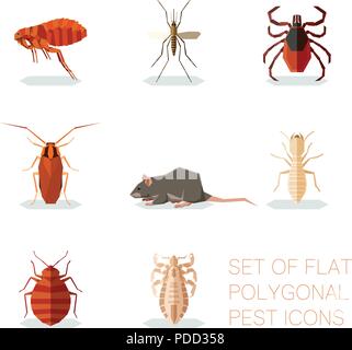 Ensemble d'icônes de la lutte antiparasitaire polygonale plate Illustration de Vecteur