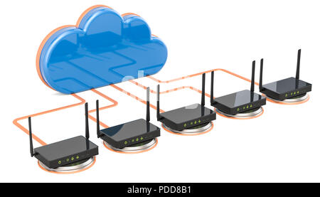 Connection réseau concept. Nuage de l'ordinateur à l'aide de routeurs, rendu 3D isolé sur fond blanc Banque D'Images