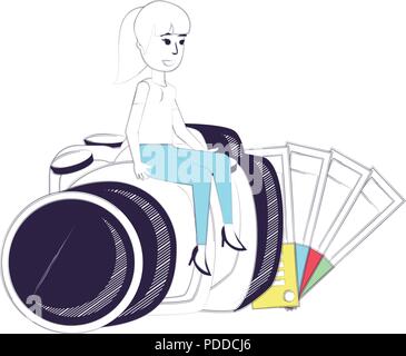 Sélecteur de couleurs et dessins designer femme assis sur un appareil photo sur fond blanc, vector illustration Illustration de Vecteur