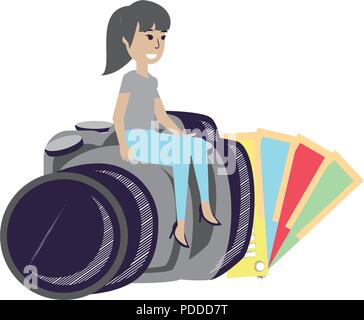 Sélecteur de couleurs et dessins designer femme assis sur un appareil photo sur fond blanc, vector illustration Illustration de Vecteur