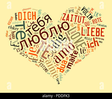 Amour et valentine concept wordcloud, amour du texte dans différentes langues en forme de coeur Banque D'Images